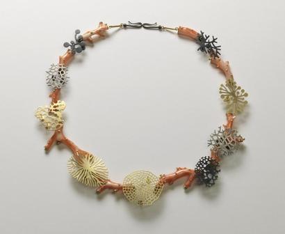 Suzan Rezac. Jewelry. Necklace. Branch coral, oxidized silver, 18K gold.