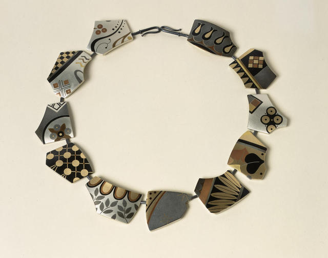 Suzan Rezac. Jewelry. "Archeologia Mundi vol III". Necklace. Shakudo, 18K gold,  shibuichi, copper, brass, bronze. Inlay.
