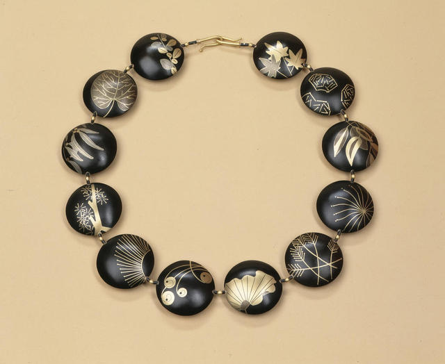 Suzan Rezac. Jewelry. "Ikebana". Necklace. Shakudo, 18K gold, shibuichi. Inlay