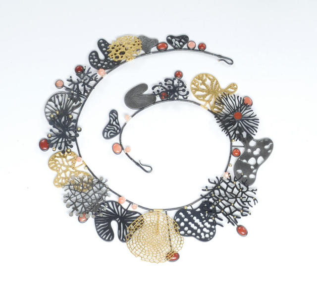 Suzan Rezac. Necklace: oxidized silver, 18K gold, 24K gold leaf, coral
